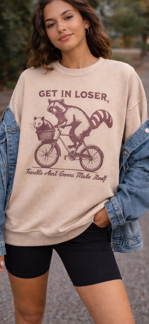Raccoon Graphic Sweatshirt XL Beige “Get In Loser” Funny Crewneck
